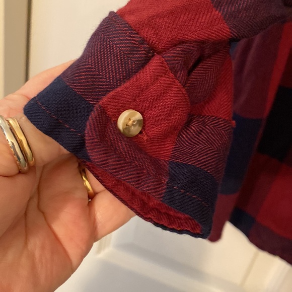 Maurices red and blue hooded button front top. Long sleeve or 3/4 length sleeve. - Picture 4 of 9